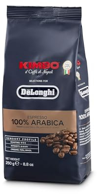 DeLonghi Kimbo Café en Grano Natural 1kg Espresso 100% Arabica para Moler y para Cafetera Superautomática - Café de Tueste Medio, Intensidad 4/6, Aroma 3/6 y Sabor Dulce con Toques de Caramelo