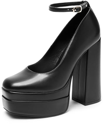 DREAM PAIRS Scarpe Y2K da donna con plateau, tacco alto, punta chiusa, tacco alto, punta quadrata, cinturino alla caviglia, alla moda, Poliuretano nero., 40 EU