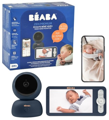 BÉABA, babyskärm, 2-i-1 babyvideoskärm, skärm/dedikerad mobilapp, HD-kamera, 360° rotation, mörkerseende, walkie-talkie, vaggvisor, temperatur- och fuktighetskontroll, Zen premium blå