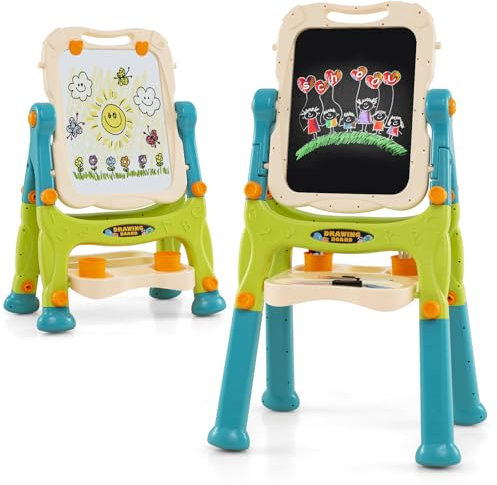 COSTWAY Tableau Enfant Double Face avec 2 Hauteur Réglable, Chevalet Enfant sur Pieds avec Plateau de Rangement & 2 Pots, Tableau Pivotant à 360° pour Tout-Petits de 3 Ans+ (Vert)