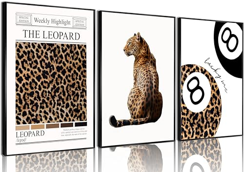 Trendy Leopard Wall Art Set of 3 Funky Lucky 8 Ball Posters Prints Preppy Room Aesthetic Cheetah Wall Decor Pictures for Girls Bedroom Apartment Dorm Unframed 16x24in