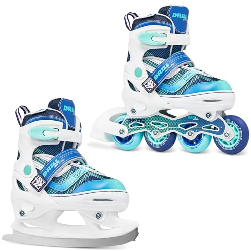 RAVEN Inline Skates Inliner für Kinder und Erwachsene OPTIONAL 2in1 mit Schlittschuhen verstellbar (Drill White/Mint mit Kufen, 38-42 (25cm-27,5cm))