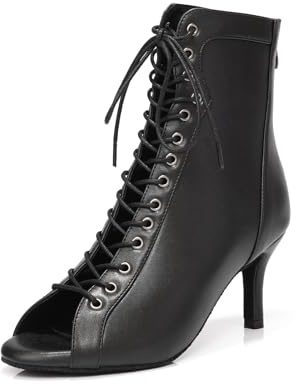ZYXWVU Stivali da Ballo Latino Donna Punta Aperta con Lacci Salsa Tango Bachata Performance Feste,DS587-nero-7cm Heel,38.5 EU