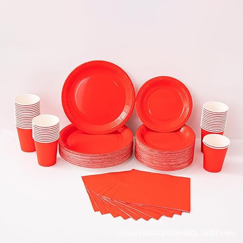 MestectPET Vaisselle de Fête Rouge 56 Pièces, Assiettes Gobelets et Serviettes en Papier pour 16 Invités, Ensemble de Vaisselle pour Anniversaire Mariage Baby Shower Barbecue Pique Niques