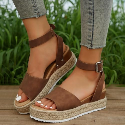 Women's Platform Espadrilles Wedge Sandals,Beach Shoes Women,Women's Espadrille Shoes,Gladiator Summer Beach Open Toe Buckle Ankle Strap Shoes,Mid Heels Fashion Espadrille Ankle Strap Summer Shoes