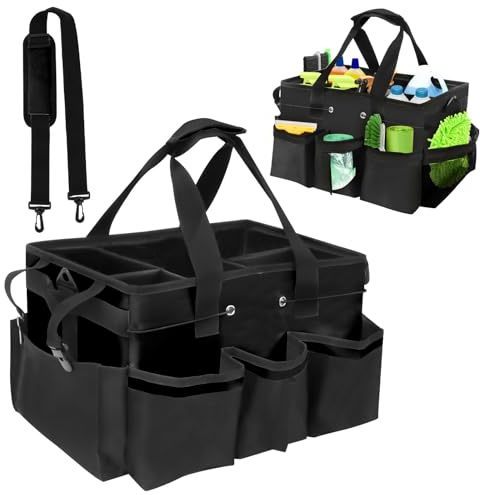 Yallmie Cleaning Caddy Bag with Handle, Cleaning Products Organiser Adjustable Gardening Tool Storage Bag, Caddy Organiser Large Multi Pocket Bucket Tool Bag for Home, Car, Garden, Craft (Black)