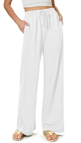 keriffe Summer Outfits Flowy Palazzo Pants for Women White