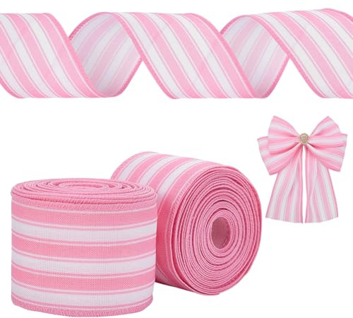 FINGERINSPIRE 2 Rouleau de Ruban en Toile de Jute Rose à Rayures Ruban de Tissu de Ferme à Rayures de 63mm de Large pour Projets DIY Emballages Cadeaux Couronnes Décor Festival (Rouleau de 4.57 M)