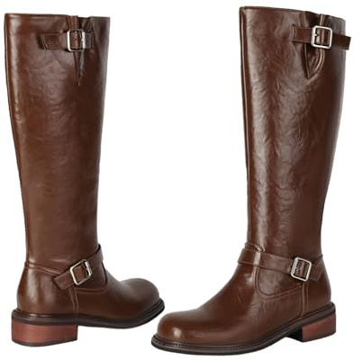 Stivali Alti Da Donna Con Testa Rotonda, Eleganti Stivali in Pelle PU Di Grandi Dimensioni Con Gambale Lungo Tacco A Blocco E Cerniera Laterale Stivali Da Equitazione,Marrone,36 EU