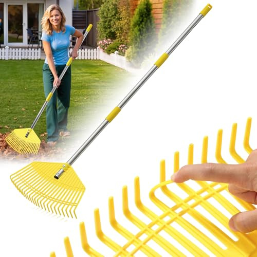 Trädgårdslöv kratta för löv – 42 cm brett nylonplasthuvud, 201,5 cm justerbart lätt handtag för kvinnor seniorer barn, 23 flexibla gräsvänliga pinnar för gräs, tallnål, kompost, småskräp