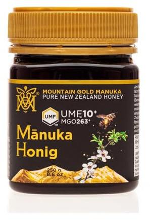 Mountain Gold Manuka Honig aus Neuseeland UMF 10 – Reiner Premium Naturhonig, laborgeprüft, ohne Zusatzstoffe, MGO 263-250 g Glas