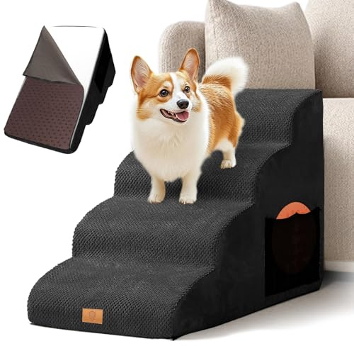 Masthome Escalier 4 Marches Chien Chat, Mousse 30D Charge 22,5kg, Base Silicone Antidérapante, Housse Lavable, Poignée Poche Rangement, pour Lit Canapé Voiture, Toutes Tailles Animaux Noir