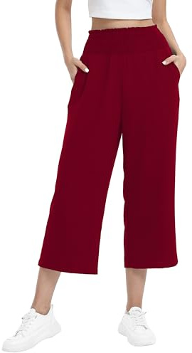 WUWUSKY Elastic High Waisted Palazzo Trousers 3/4 Length Wide Leg Lounge Capri Pants with Pockets S-2XL