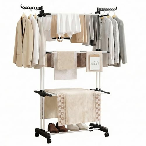Ribech Tendero Plegable 4 Niveles de Acero Inoxidable con 6 Alas | Secador de Ropa Torre con Ruedas | 76x50x172 cm | Ahorra Espacio para Balcón Baño & Interior | Negro