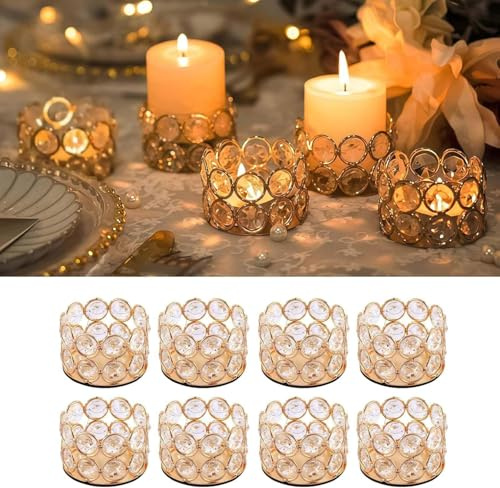 JYYWTSI 8 Piezas Portavelas Cristal, Vasos para Velas y Vaso para Vela, Pequeño Portavelas Dorado con Base Antideslizante para Boda Navidad Decoracion Mesa y Salon