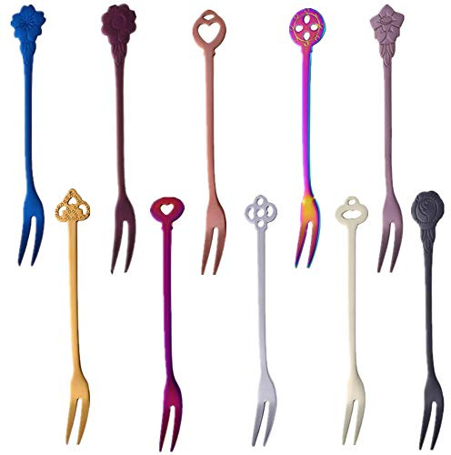 QIBORUN Fruit Forks Set Stainless Steel Mini Salad Fruit Tasting Forks Cocktail Fork,Coffee Fork, for Cake,Dessert,Fruit salad and Mooncake Snail Fork Party Supplies-10PCS