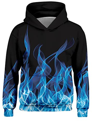 Freshhoodies Felpa con Cappuccio per Ragazzi Ragazze Stampa Freddo 3D Fuoco Pullover Invernale Foderato in Pile Blu 14-16 Anni