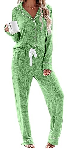 Aamikast Conjunto de pijama de manga larga con botones para mujer, ropa de dormir suave, Lago verde, XXL