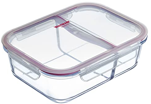 Westmark Glas-Frischhaltedose, Füllvolumen: 980 ml, Mit 2 separaten Fächern, Mikrowellen- und ofenfest, Glas/Silikon/Kunststoff, Transparent/Rot, 234622E1