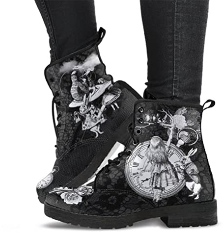 Onsoyours Botas Góticas Chelsea para Mujer Punk Botines de Motorista con Tacón Bajo de Bloque Gótico Estampado Botas Cortas con Puntera Redonda Otoño e Invierno a Alicia Blanca 37 EU