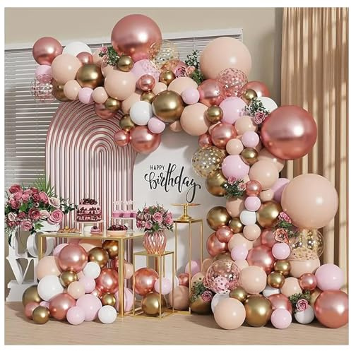Rose Gold Balloon Garland Kit, Nude Pastel Pink Metallic Gold Matte White Balloons Gold and Rose Gold Confetti Balloons for Valentines Day Wedding Bridal Shower Party Girl Birthday Decorations