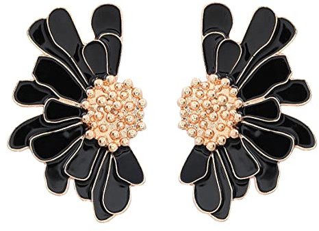 Boucles d'oreilles en forme de fleur en émail, Boucles d'oreilles pendantes demi-fleur pour femme, Boucles D'oreilles Bohème Feuilles Fleur Bijoux Bohème d'été (Noir)