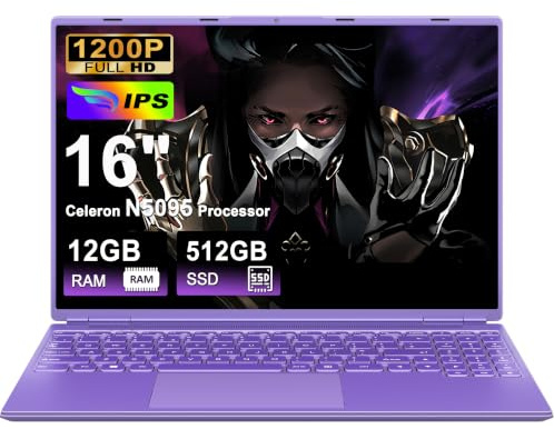 NOTODD Ordinateur Portable 16'' 12+512GB SSD Soutien Extension 2TB (HDD-2TB) Celeron N5095 (jusqu'à 2,9 GHz) 1920x1200 PC Portable Gamer Win11 Laptop avec Type-C HDMI AZERTY Clavier Couverture-Violet