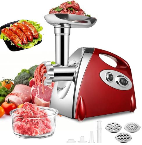 SINZUX Elektrischer Fleischwolf und Wurstmacher, 2800 W Fleischwolf und Wurststecker, rotiert vorwärts und rückwärts, mit 3 verschiedenen Schneidplatten, Wurst und Kubbe Set (Rot)