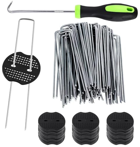 YTIan Heringe Erdnägel Stabil,Unkrautvlies – 100 U-förmige Erdanker (150x40mm, Ø2,5mm) + 100 Pufferscheiben, Unkrautvlies Haken Set für Garten, Rasenkanten, Gemüsebeet & Rohrbefestigung