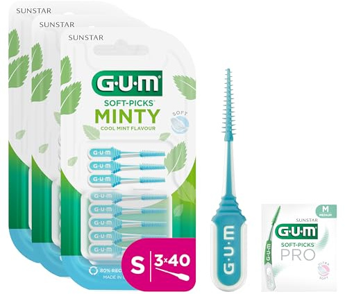 GUM SOFT-PICKS MINTY Palillos interdentales | refrescante sabor a menta | para limpiar los dientes y eliminar la placa | Tamaño S | Multipack de 3x40 (con 1 muestra extra)