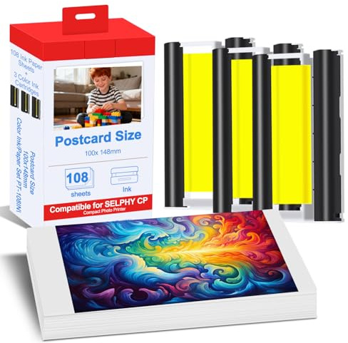 Compatibile con Canon Selphy CP1500 CP1300, cartuccia d'inchiostro KP-108IN a 3 colori e 108 fogli, 4 x 6 carta lucida per Selphy CP1200 CP1000 CP910 sublimazione a colori