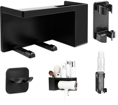 letuxaamz Soporte Secador de Pelo, Soporte Secador Soporte para Secador de Pelo con Porta Plancha Incluido, Sujeción Fuerte Impermeable sin Taladros para Baño, Negro