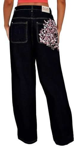 Dasongff Jean Femme Taille Basse Coupe Droite Straight Baggy Jambes Large Cherry Blossom Baggy Jeans Pantalon Japonais Sakura Y2K Anime Harajuku Annee 20 Wide Leg Denim Pants
