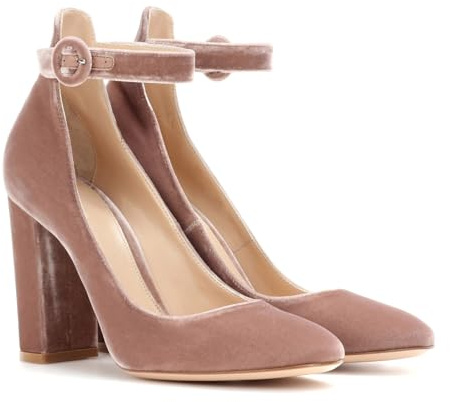 Scarpe Mary Jane da Donna in Velluto con Tacco a Blocco, Comode Décolleté Eleganti con Punta Arrotondata e Chiusa, Scarpe da Sera con Cinturino alla Caviglia per Feste,Rosa,42 EU