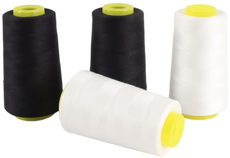 Qury Juego de conos de hilo de coser, 2740 m cada uno, 4 unidades, bobinas de hilo de poliéster de alta resistencia para costura, acolchado, overlock, Merrow (negro, blanco)