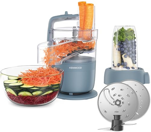 Kenwood MultiPro Go Blend – Multifunction Food Processor with Express Serve, Stainless Steel Blade, Slicing & Grating Discs, 600 ml Personal Blender, Pulse Function, Storm Blue (FDP23.380GY)
