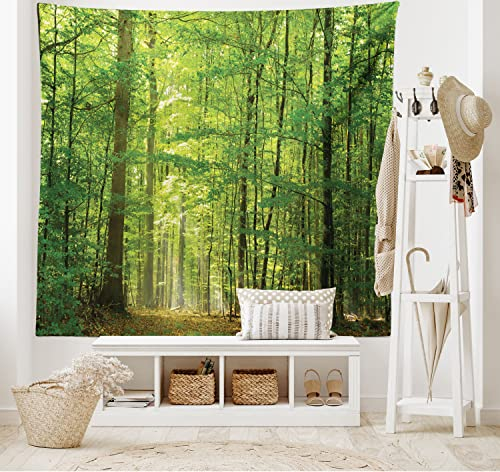 ABAKUHAUS Wald Wandteppich und Tagesdecke, Laub Wald Sommer aus Weiches Mikrofaser Stoff Waschbar ohne Verblassen Digitaldruck, 230 x 140 cm, Grün Kamel