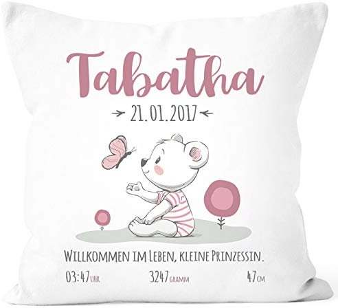 SpecialMe® personalisierbares Kissen zur Geburt, Geburtskissen für Mädchen, Namenskissen Geschenk Geburt Baby, Kissen-Bezug ohne Füllung weiß Unisize