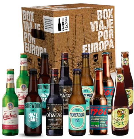 Box Viaje por Europa - Pack de Degustación de Cervezas Europeas,12 x 33 cl,Incluye: Irish Stout,Belgian Blond Ale,IPA,Session IPA,Czeck Lager y 1906 Galician Irish Red