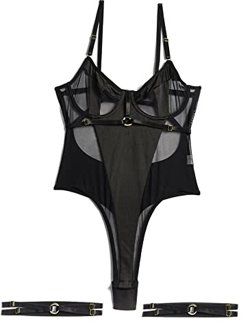Aranmei Bodysuit pour Femmes avec Armature Sexy avec Entrejambe à Boutons-pression, Bretelles et Body en String Lingerie Set, Noir , XL
