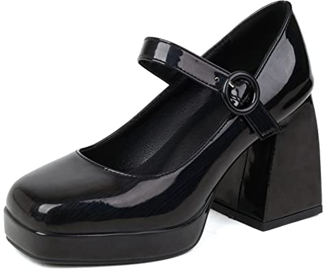 Bviennic Donna Square Toe Moda Tacco Chunky Plateau Mary Jane Scarpe Prom Festa Tacco Alto con Cinturino alla Caviglia Pump Largo Fit Bride Scarpe Nero Numero 44 Eu-46Cn