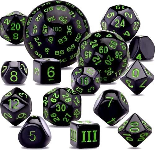 DollaTek Juego Completo de Dados Poliédricos de 15 Piezas D3-D100 para Juegos de Rol y Mesa, Negro y Verde