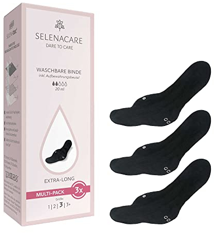 Selenacare Waschbare Binde (3er Multipack, Größe 3) mit Aufbewahrungsbeutel - antibakteriell & geruchshemmend, wiederverwendbare Binde für Damen, 100% vegan