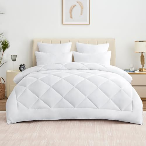 Aisbo Couette Blanche 240x260 Tempéré Douceur - Couette 2 Personnes 300g/m² Microfibre Douce, Couette 4 Saison 240 x 260 Matelassée Losangée avec 8 Bandes Pratiques, Entretien Facile