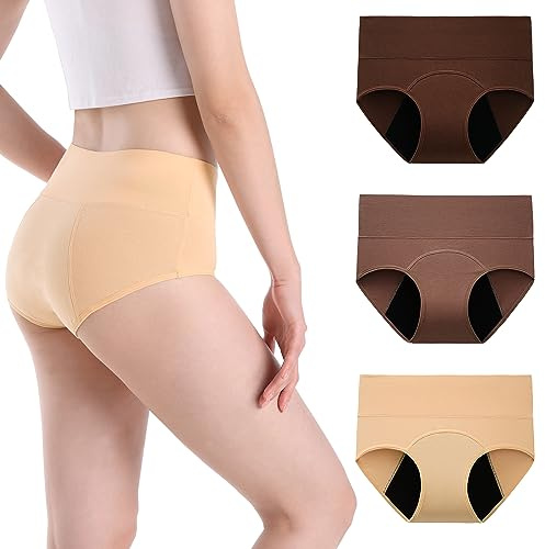 INNERSY Culottes Menstruelles Femme Culotte de Regle Taille Haute Slip Hygiénique Lot de 3 (X-Large, Beige/Brun/Marron Foncé)