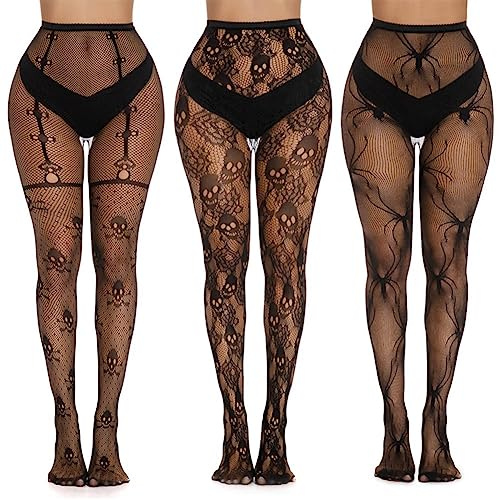 Yangshine 3 par halloween nätstrumpor skalle spindelnät hög midja nätstrumpbyxor strumpor svarta nätstrumpbyxor tights för kvinnor