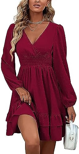 MAFA Femmes Robe Tunique Mini Robe Col en V Automne Hiver Longueur au Genou Casual Retro Respirant Bourgogne L