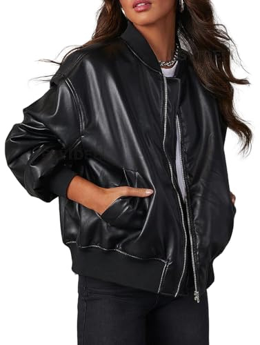 TOSHIKII Giubbotto Bomber in Pelle da Donna, Cappotto in Pelle da Motociclista da Volo da Donna, Giacche College in Ecopelle con Risvolto