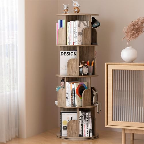 DFENG Drehbares Bücherregal 4 Ebenen Standregal Eckregal Drehregal Platzsparendes Lagerregal Bücherschrank Stehend Holz Eck-Bücherregal für Wohnzimmer Büro Schlafzimmer, 46 x 46 x 132cm
