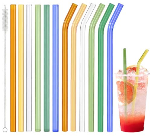 12 Stück Glasstrohhalme Wiederverwendbar. Farbige strohhalme glas mit Strohbürste, spülmaschinenfest.Ideal für Säfte, Smoothies, Cocktails